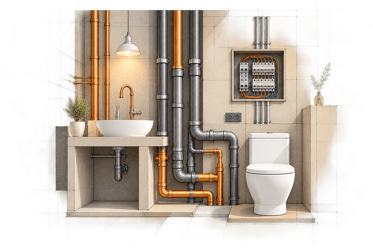 Architectural illustration of building plumbing and electrical services