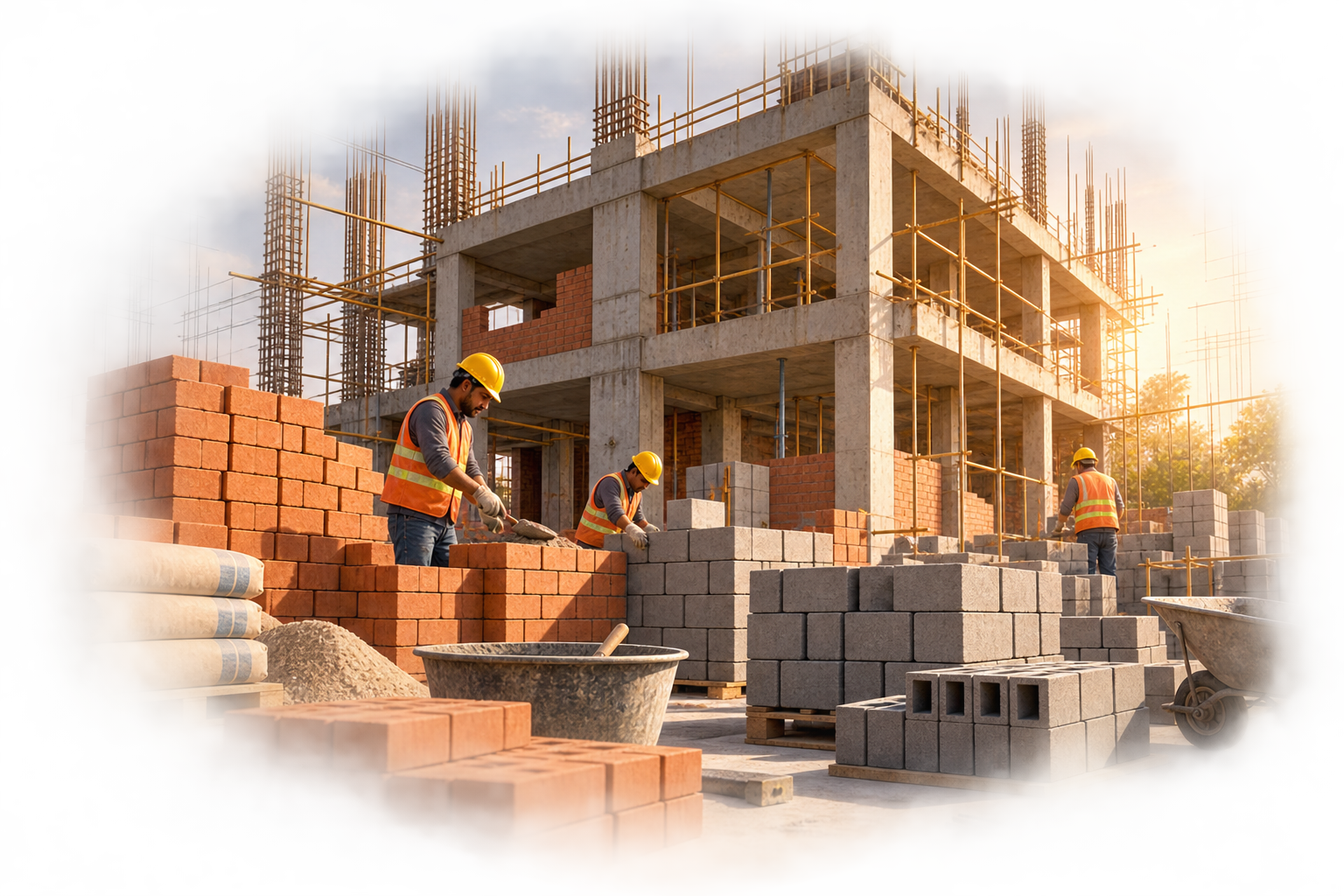 Illustration of masonry and structural works on a building under construction