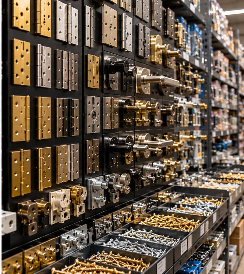 Hardware display with hinges, handles, locks and fasteners