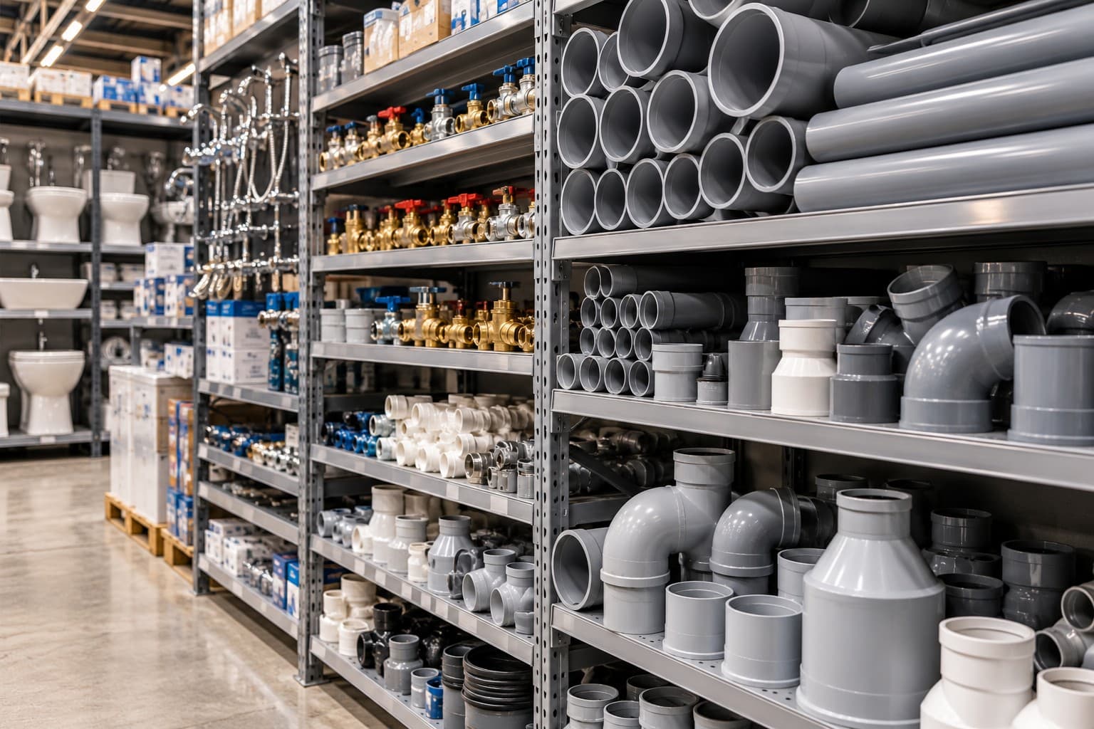 Plumbing supply shelving with PVC pipes, elbows, connectors and valves