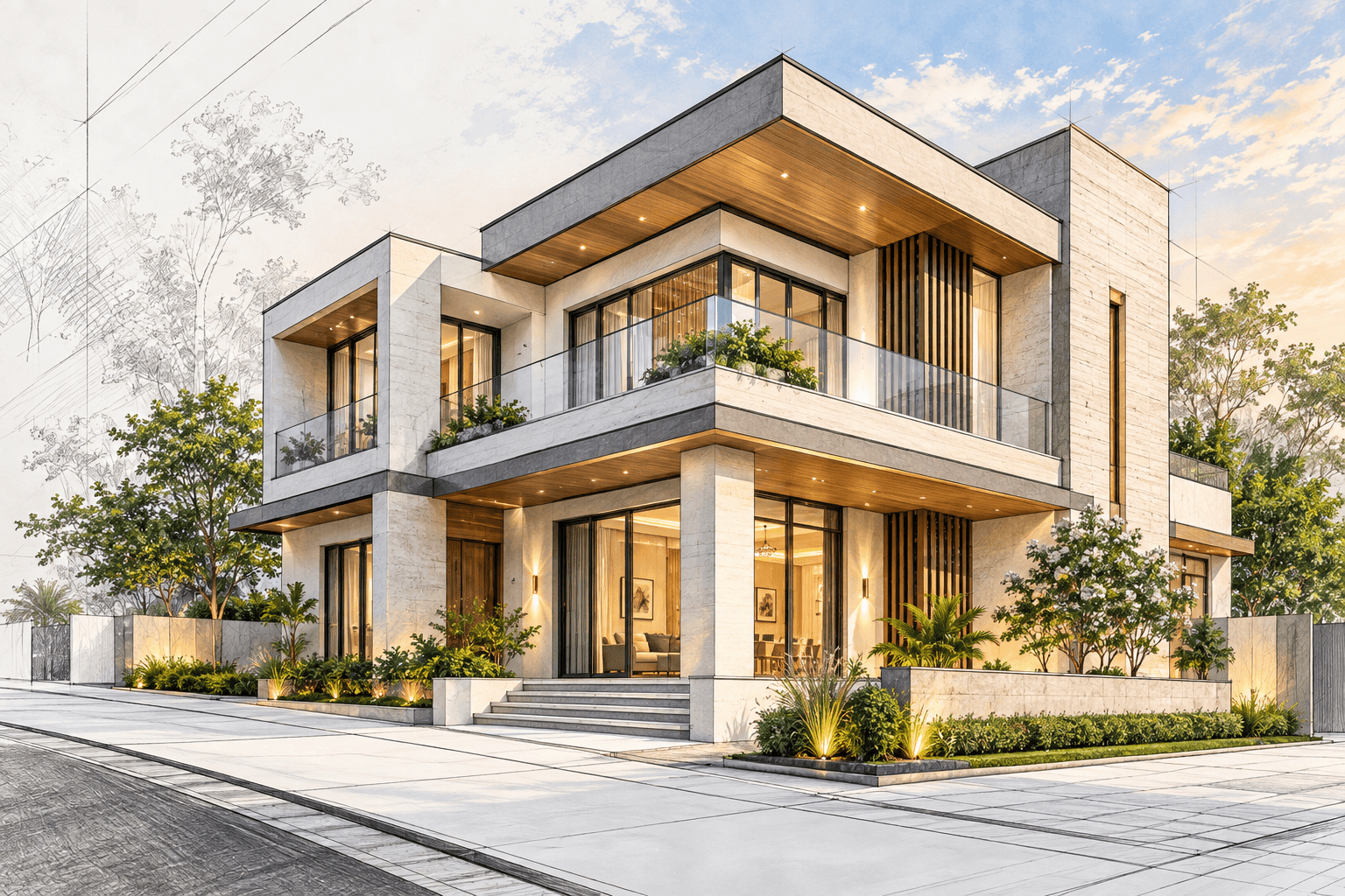 Architectural design illustration with sketch overlay